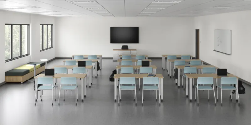 Classroom version 4 featuring day to day tables pierce seating and lb backless lounge with laptop table md