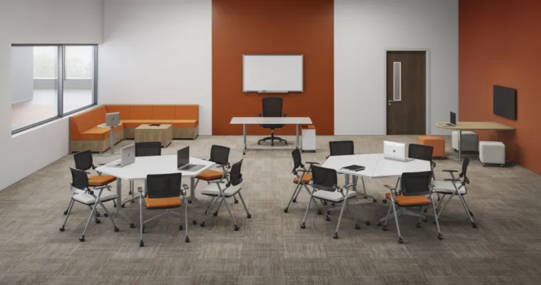 Interactive classroom featuring day to day tables lb lounge stow nesting chairs and volker and natick seating md