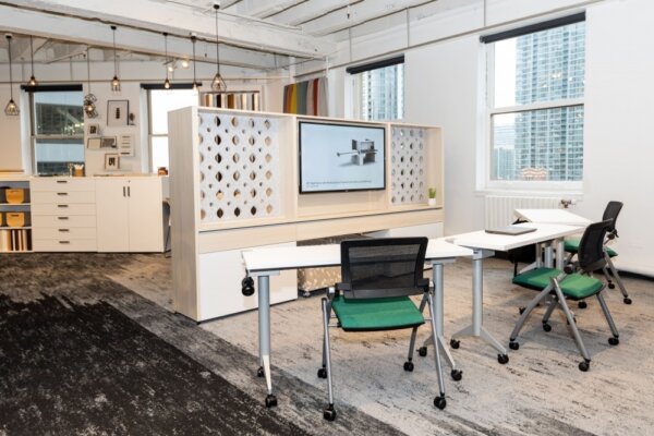 Neocon 2021 calibrate community 66 workwall with custom pet inserts and 18 deep day to day flip top training tables md