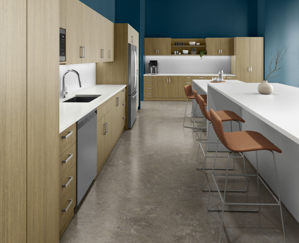 Modular casework kitchen with full-height cabinets and island