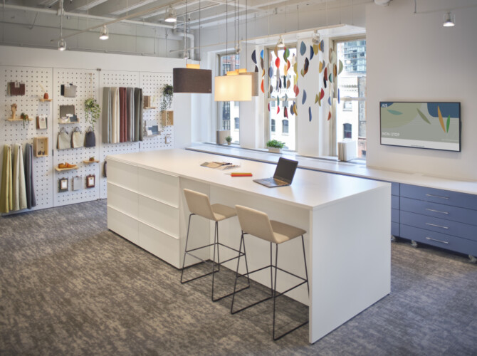 Neocon 2024 finish center with calibrate storage and end panel table md