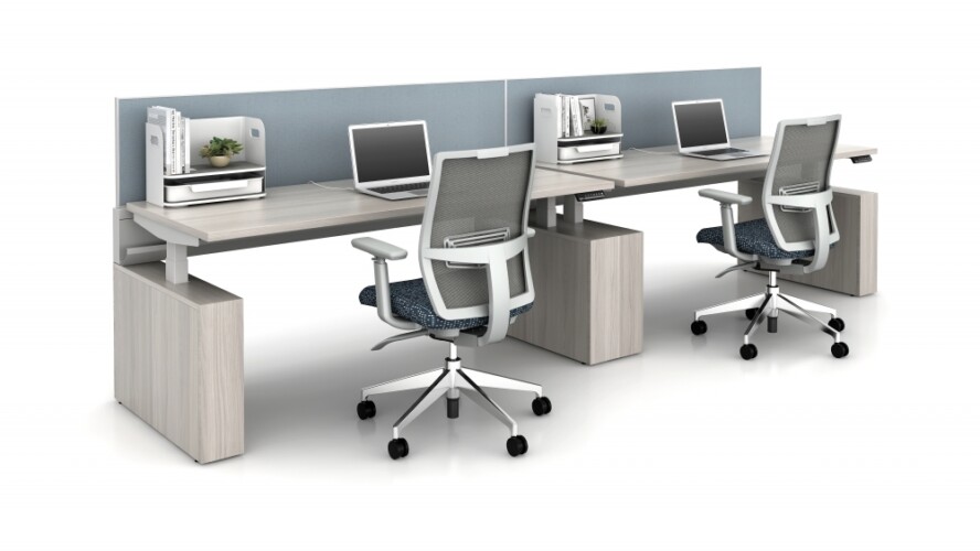 Powerbench height adjustable benching single sided application shown with desktop organizer md