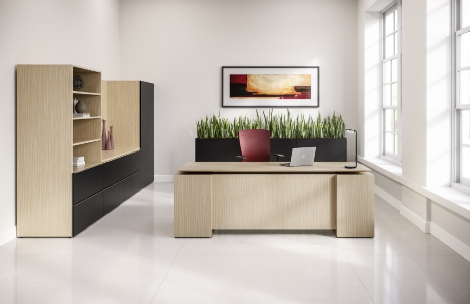 Calibrate private office with executive floating height adjustable desk shown with calibrate planters md 2