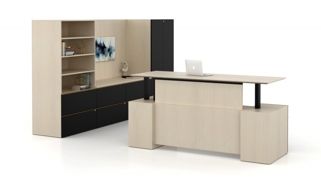 Calibrate private office with floating height adjustable desk in up position with modesty shown with wall panels md