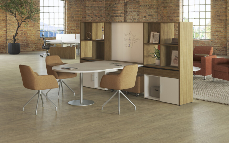 Day to day collaborative table with juggle auto return swivel and community workwall md