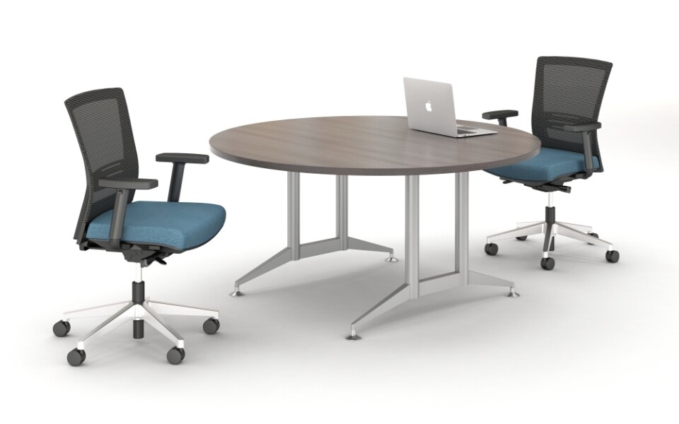 Day to day round table with 2mm edge and t leg in polished aluminum shown with upton task seating md