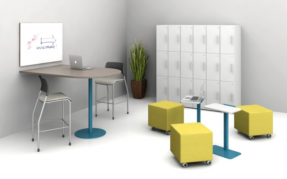 Day to day wall mounted collaborative table with disc base pierce stools calibrate lockers volker cubes and laptop tables md
