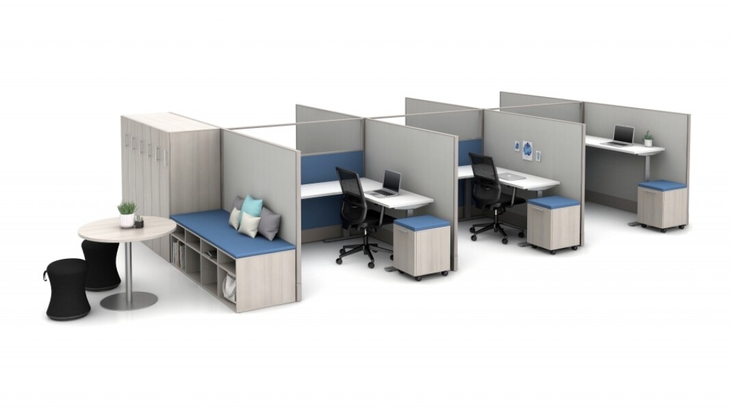 Divi 72 fabric and glass panels with 3 leg height adjustable tables calibrate storage and lockers disc base occastional table sulli and essex seating md