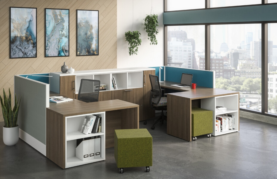 Divi shared workstation with calibrate storage devens task seating and volker impromptu guest seating md 1