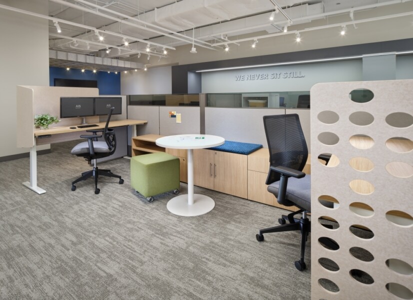 Matrix open plan offices with day to day occasional table for impromptu meetings shown with devens task seating and volker stool md