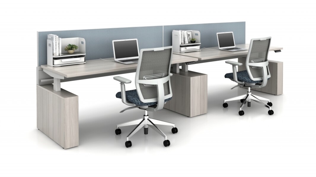 Powerbench height adjustable benching single sided application shown with desktop organizer md